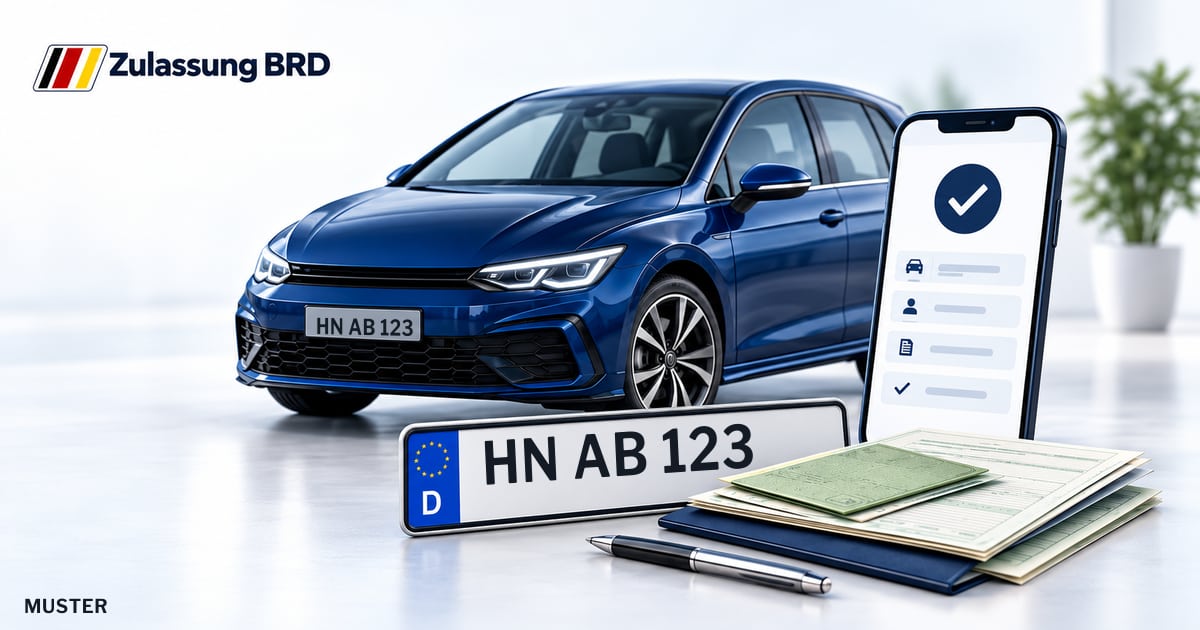 Online Fahrzeugzulassung in Bad Rappenau: Musterkennzeichen HN AB 123, Auto und Fahrzeugpapiere und Smartphone. Illustration mit Logo von Zulassung BRD.